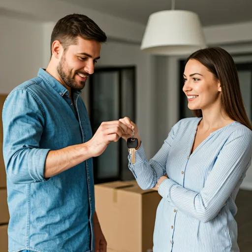 Casal feliz recebendo as chaves do apartamento